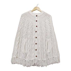 Vintage Handmade Crochet Cable Knit Button Fringe Poncho Cardigan - Great Cond
